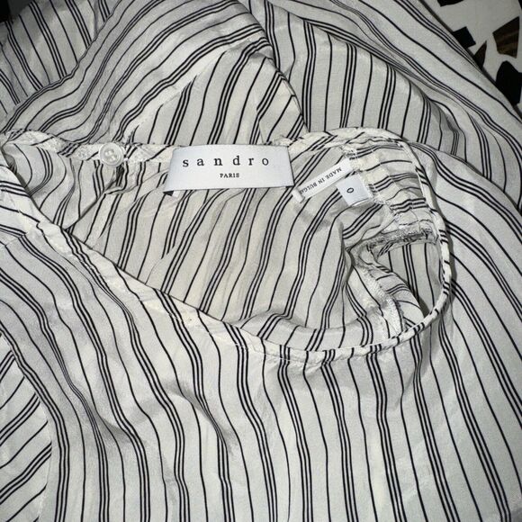 Sandro Paris Women’s Cold Shoulder Blouse Striped Off‎ White Black Size 0 XS - Picture 5 of 7